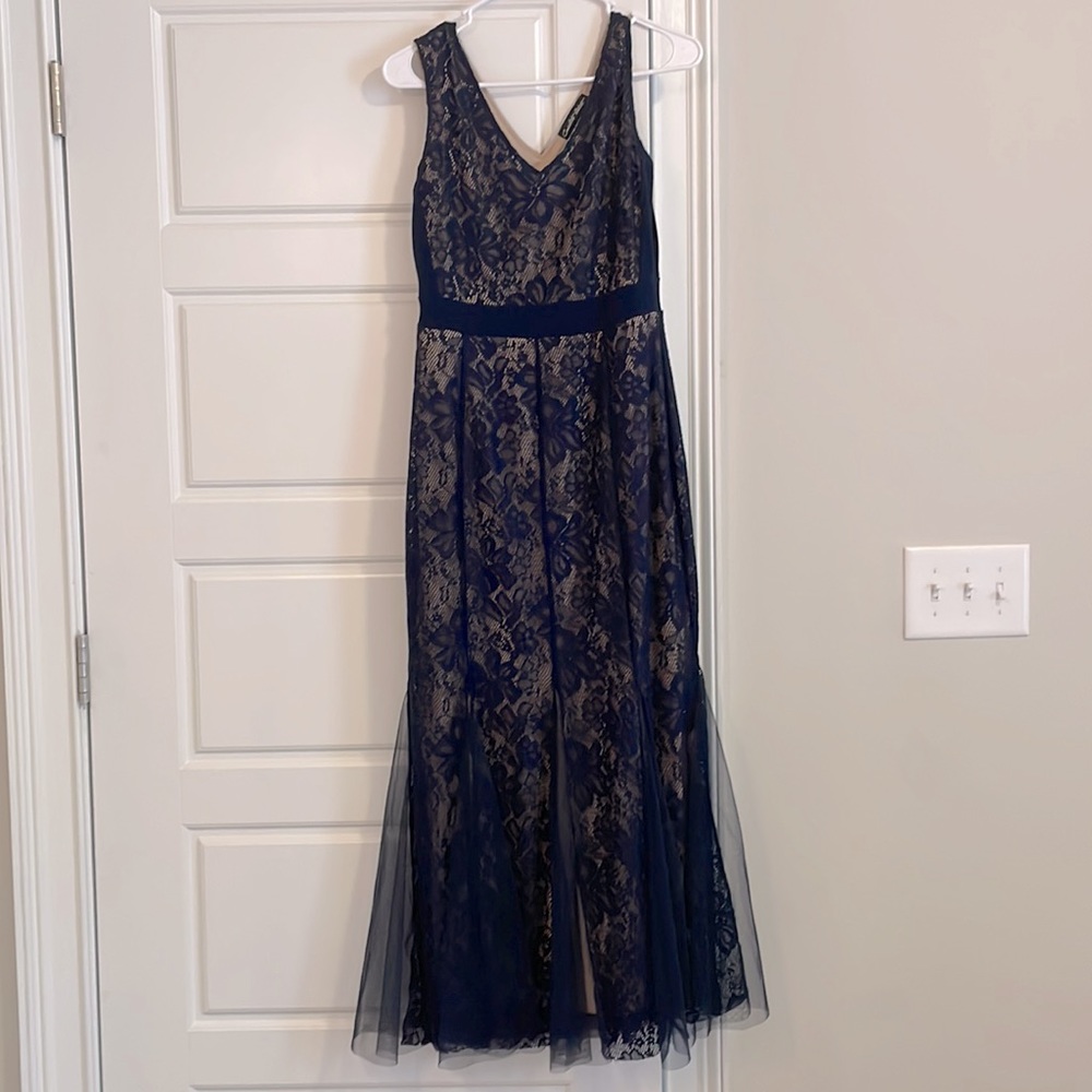 Navy Blue Fit & Flare Maxi Dress with Nude Underlay